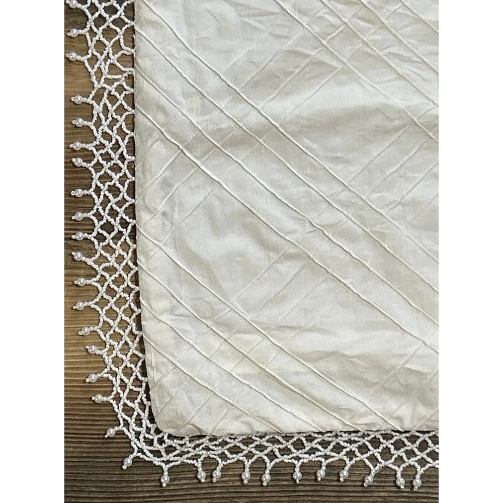 Throw Pillow Cover ONLY Beaded Pearly Dangly Satiny Off White Crocheted Trim 18